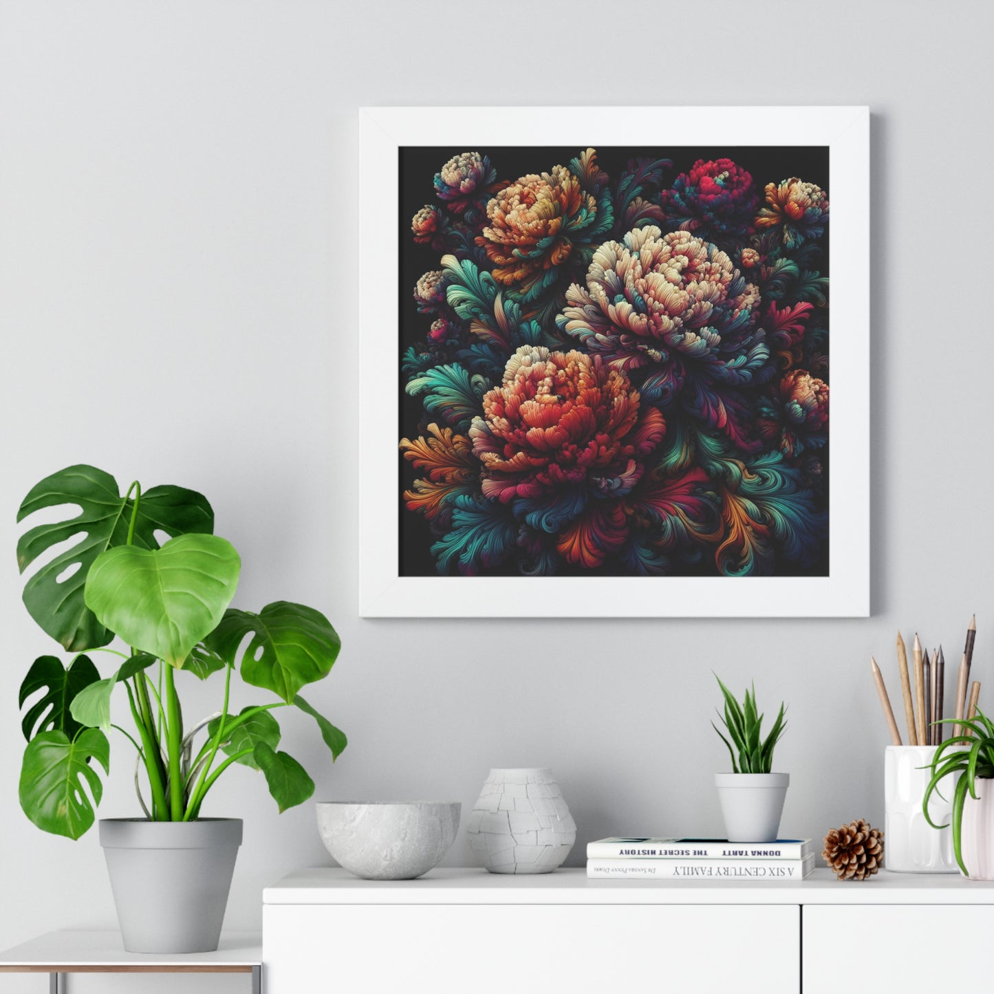 Peony Flower Neon Framed Poster