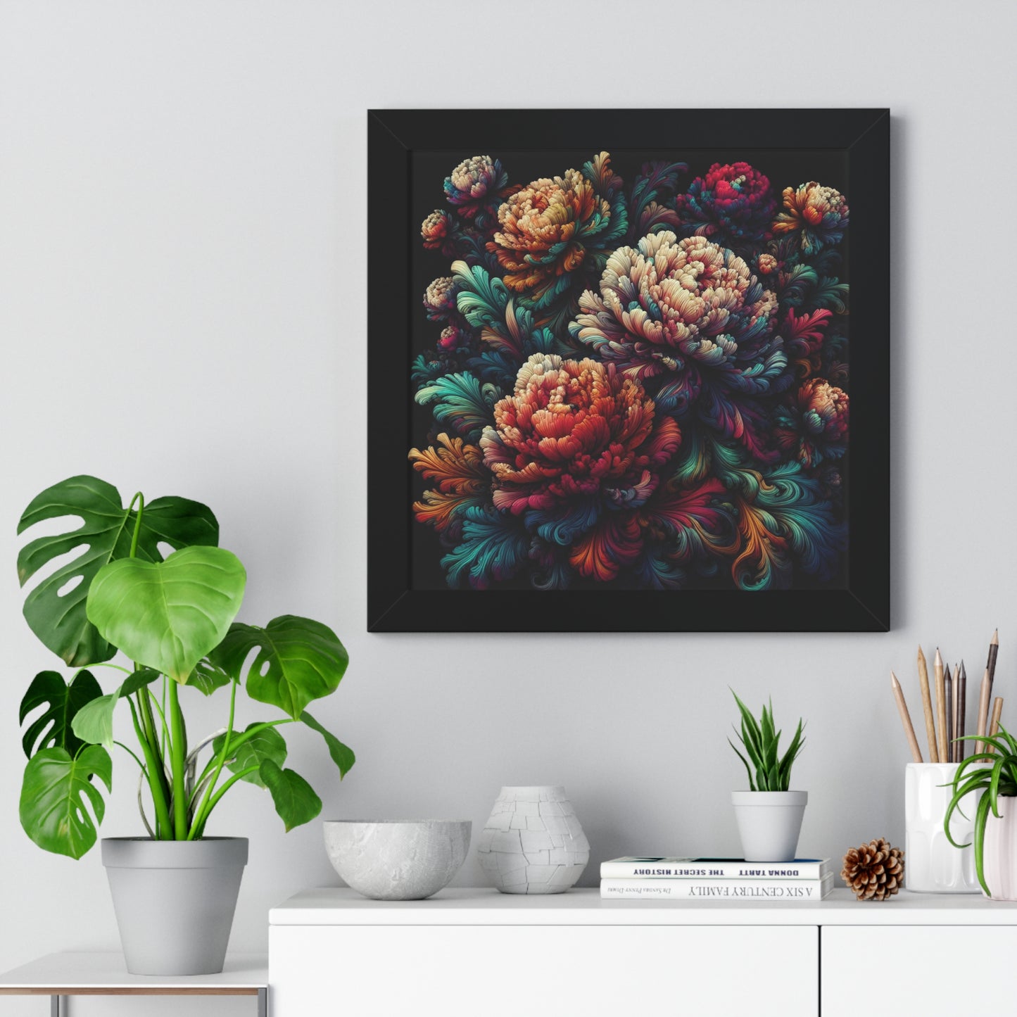 Peony Flower Neon Framed Poster