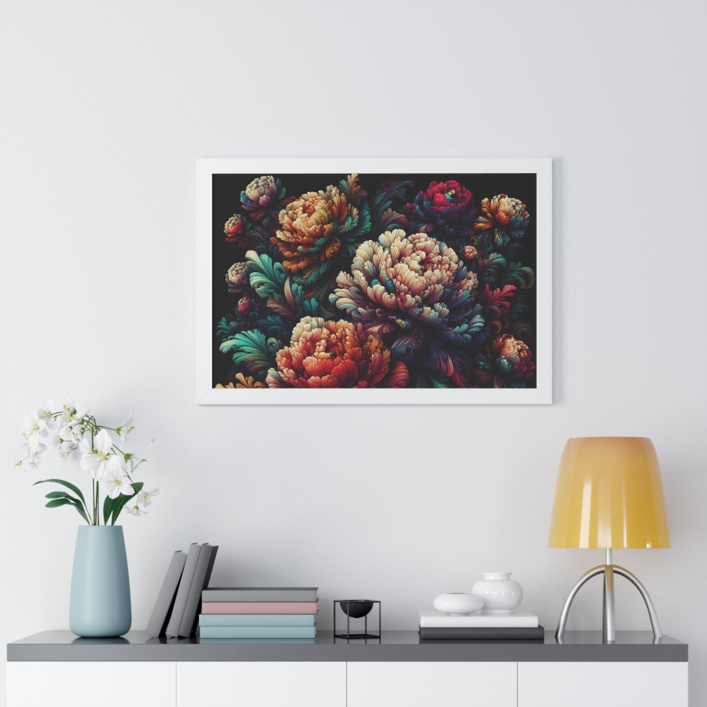 Peony Flower Neon Framed Poster