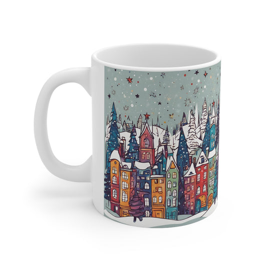 Looking for a unique and heartwarming gift? Our Snowy Whimsical Christmas Town Christmas Mug is a delightful choice. Share the joy of the season with friends and family, offering them a mug that encapsulates the wonder and delight of a whimsical Christmas town.