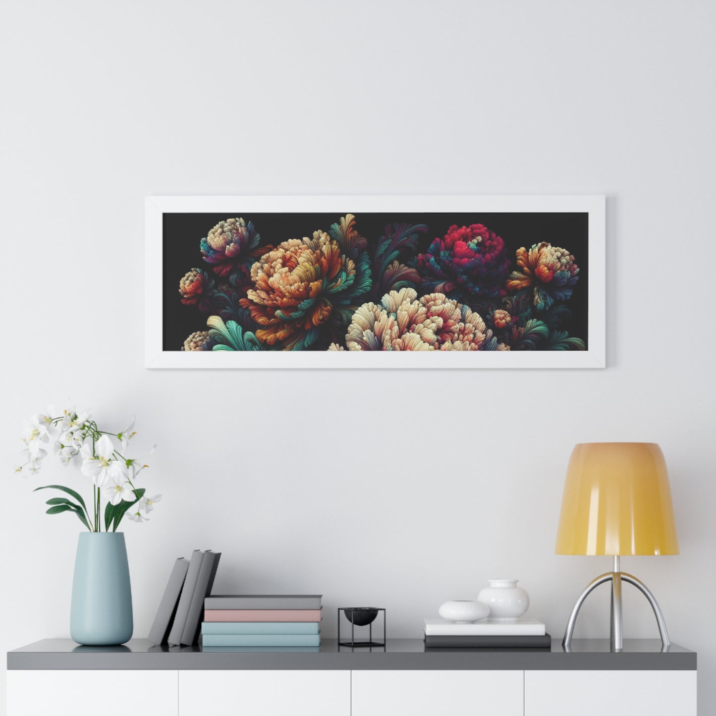 Peony Flower Neon Framed Poster