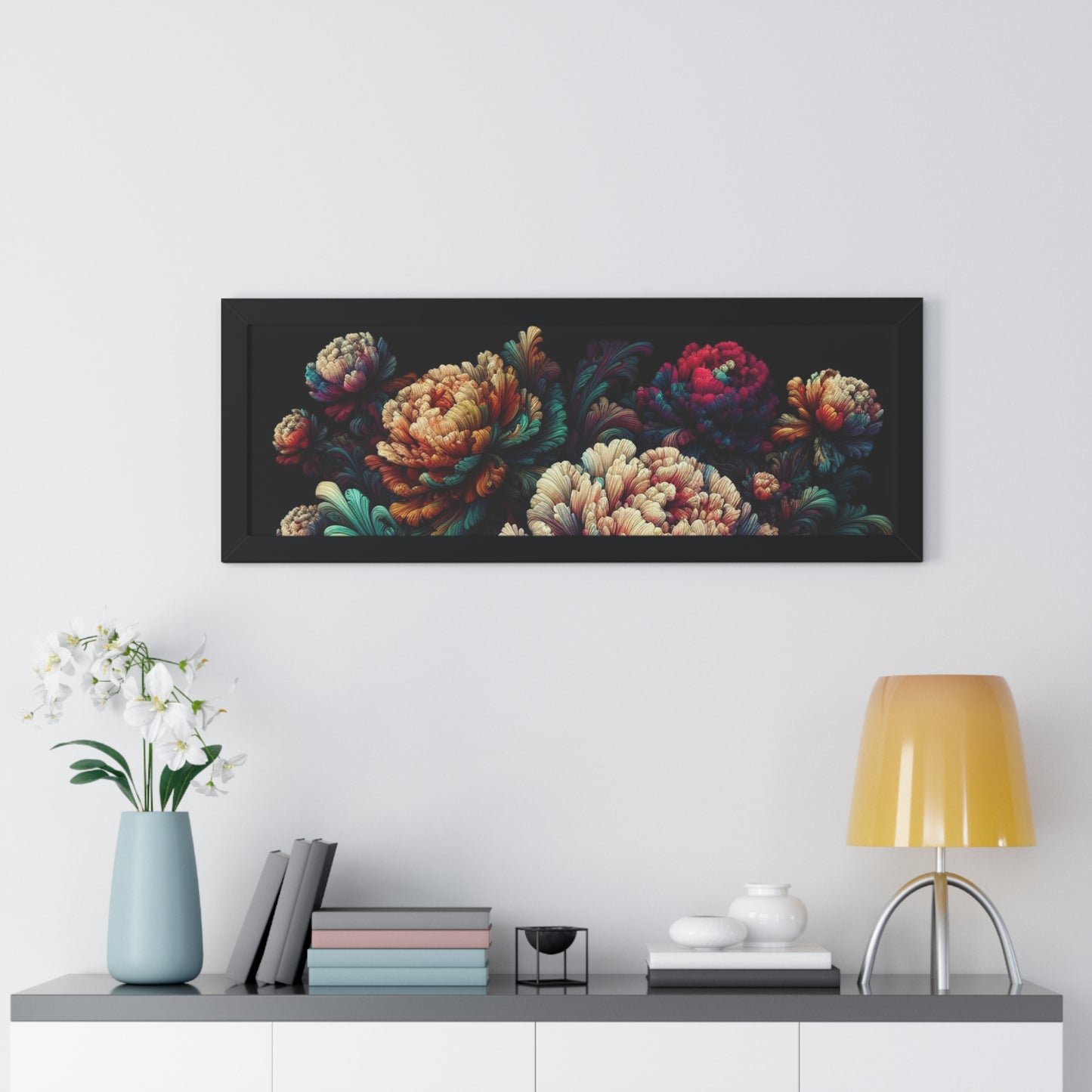 Peony Flower Neon Framed Poster