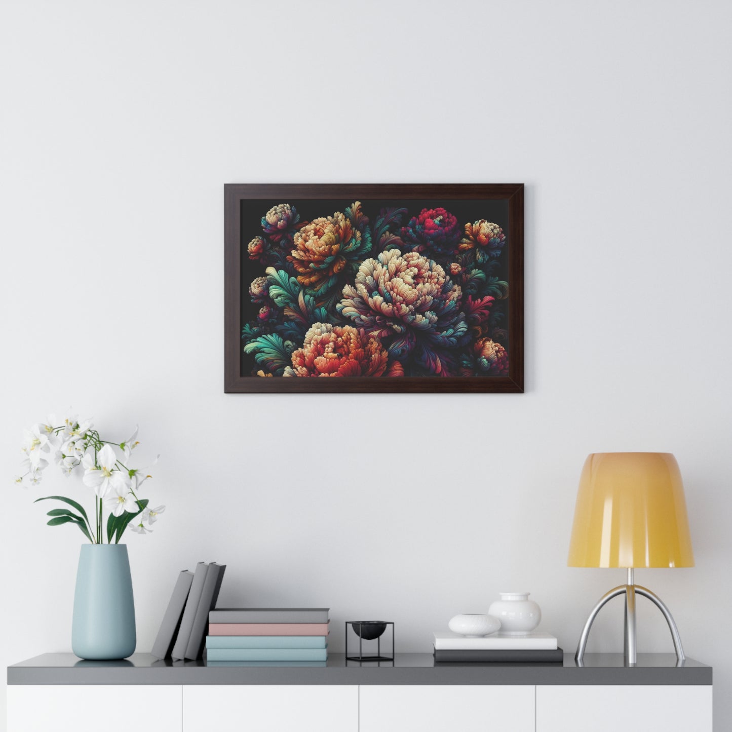 Peony Flower Neon Framed Poster