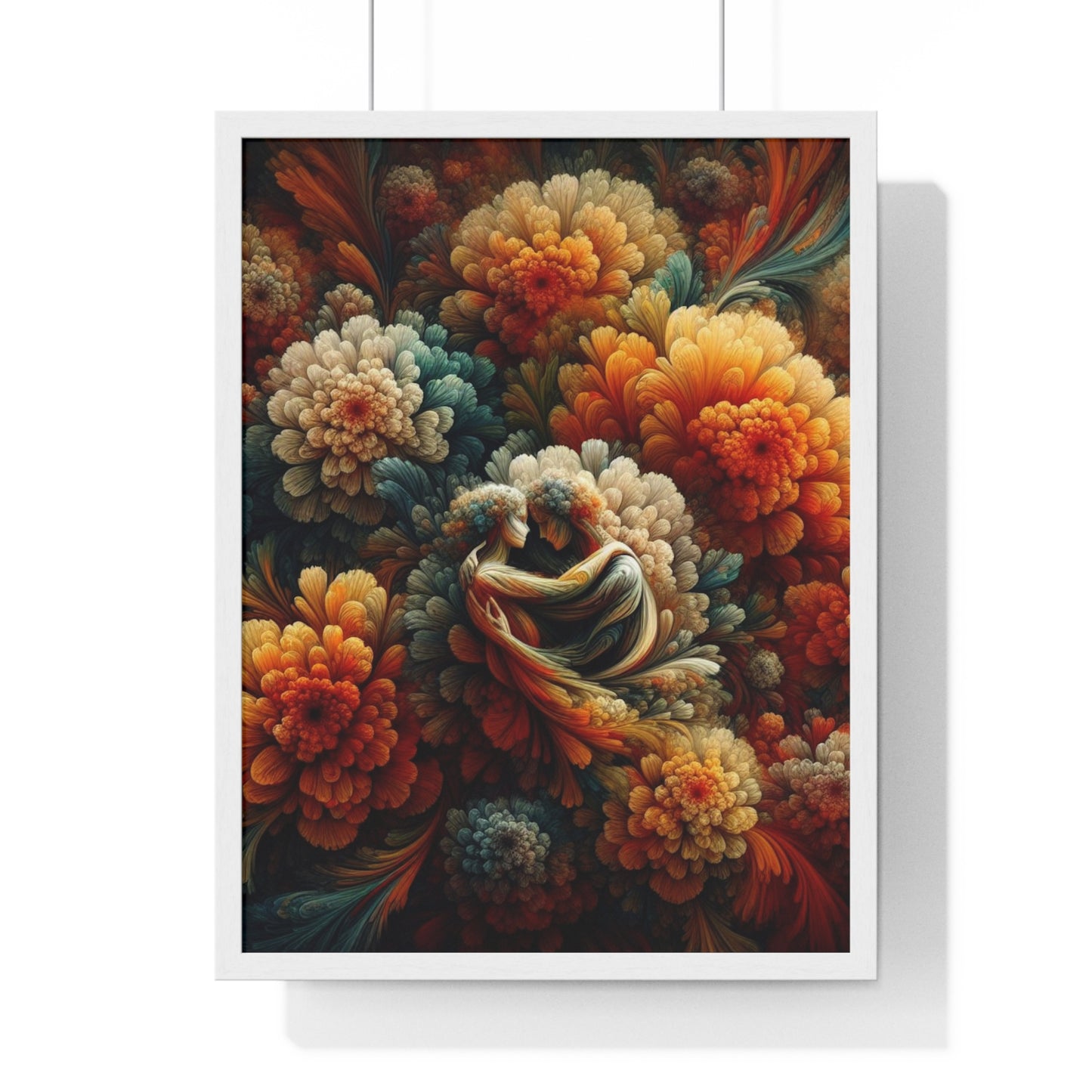 Lovers in Flowers Wood Framed Poster