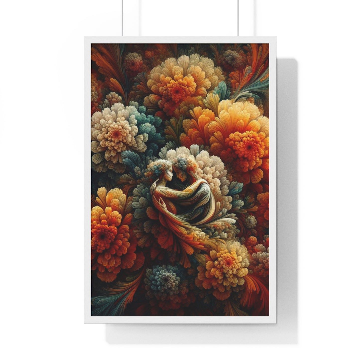 Lovers in Flowers Wood Framed Poster