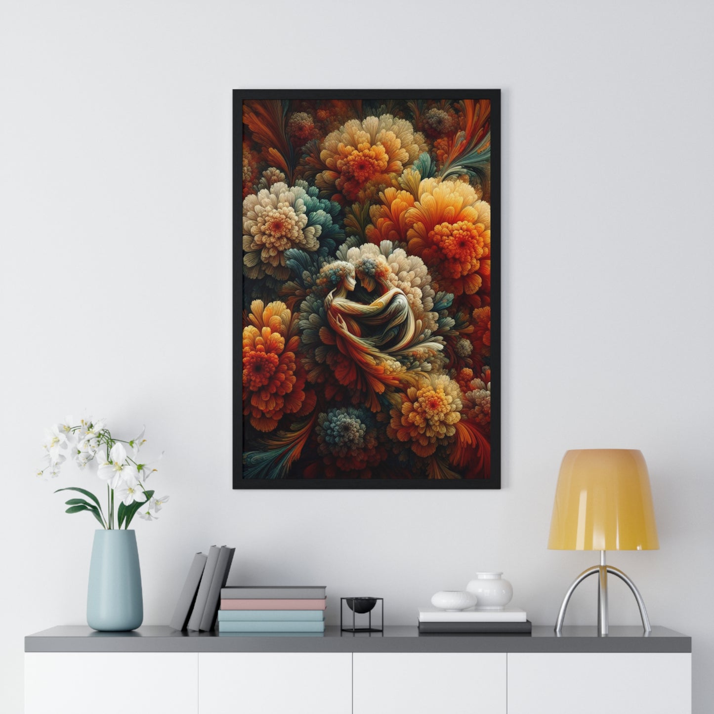 Lovers in Flowers Wood Framed Poster