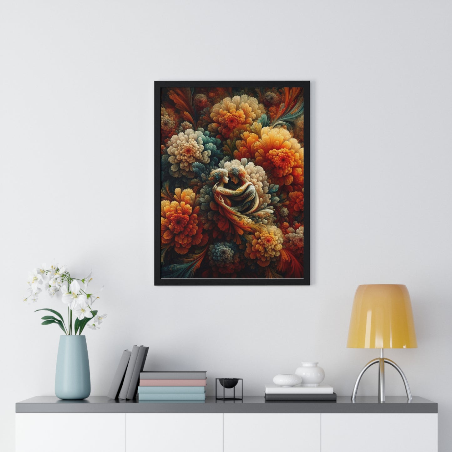 Lovers in Flowers Wood Framed Poster