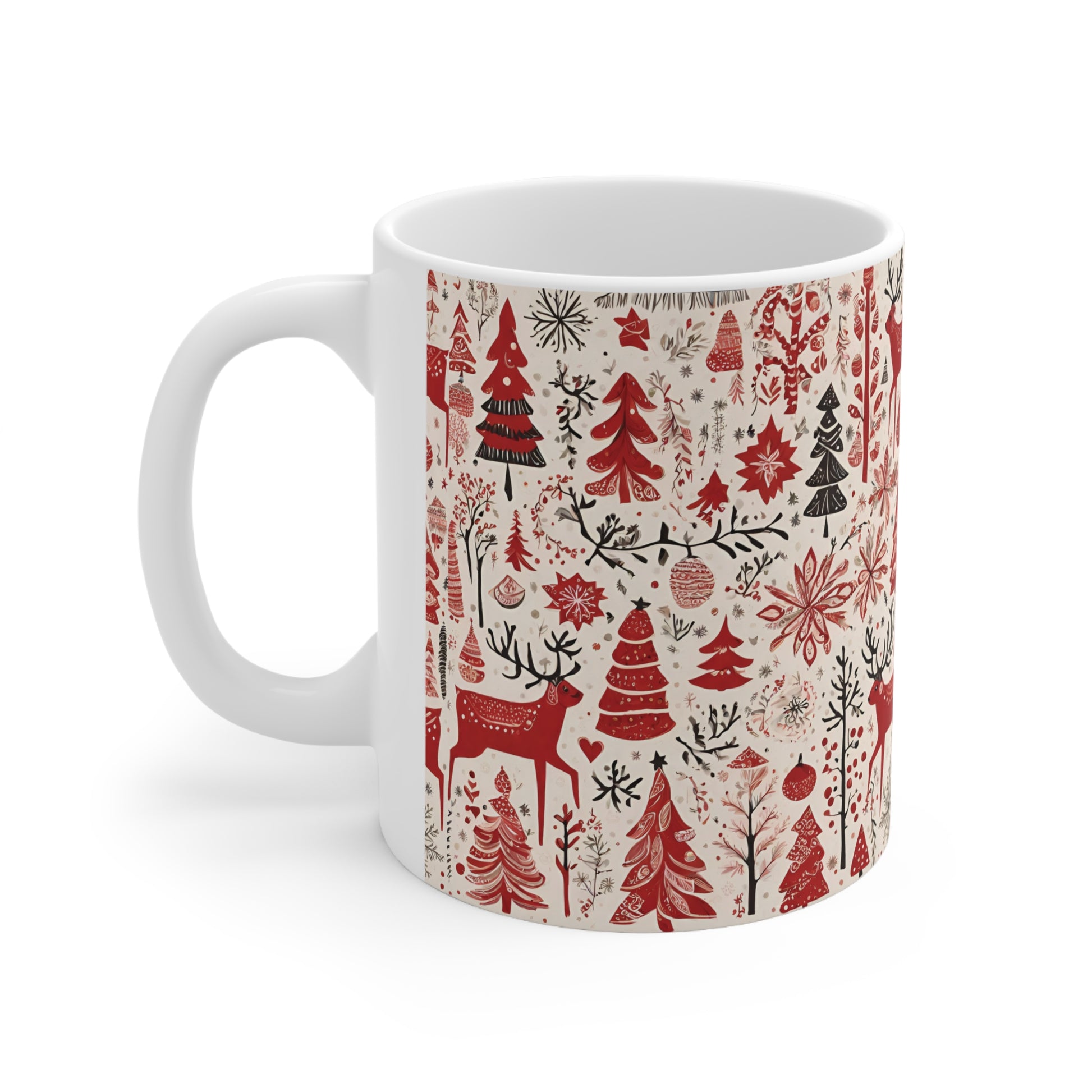 Not just a mug but a statement piece for your holiday decor. Whether you're enjoying a cup of cocoa, coffee, or tea, our Red Scandinavian Reindeer and Tree Christmas Mug seamlessly blends versatility with style. Let it be the perfect companion for your festive gatherings or quiet winter evenings.