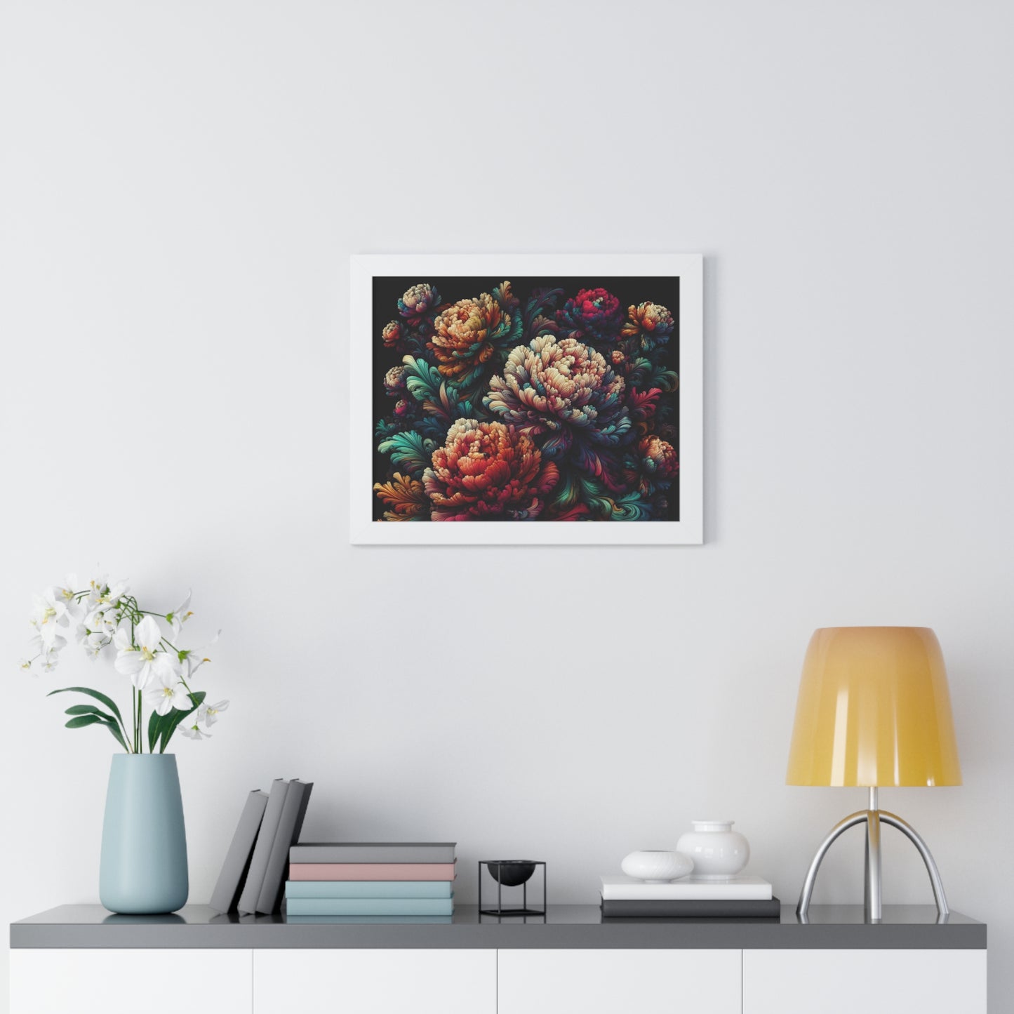 Peony Flower Neon Framed Poster