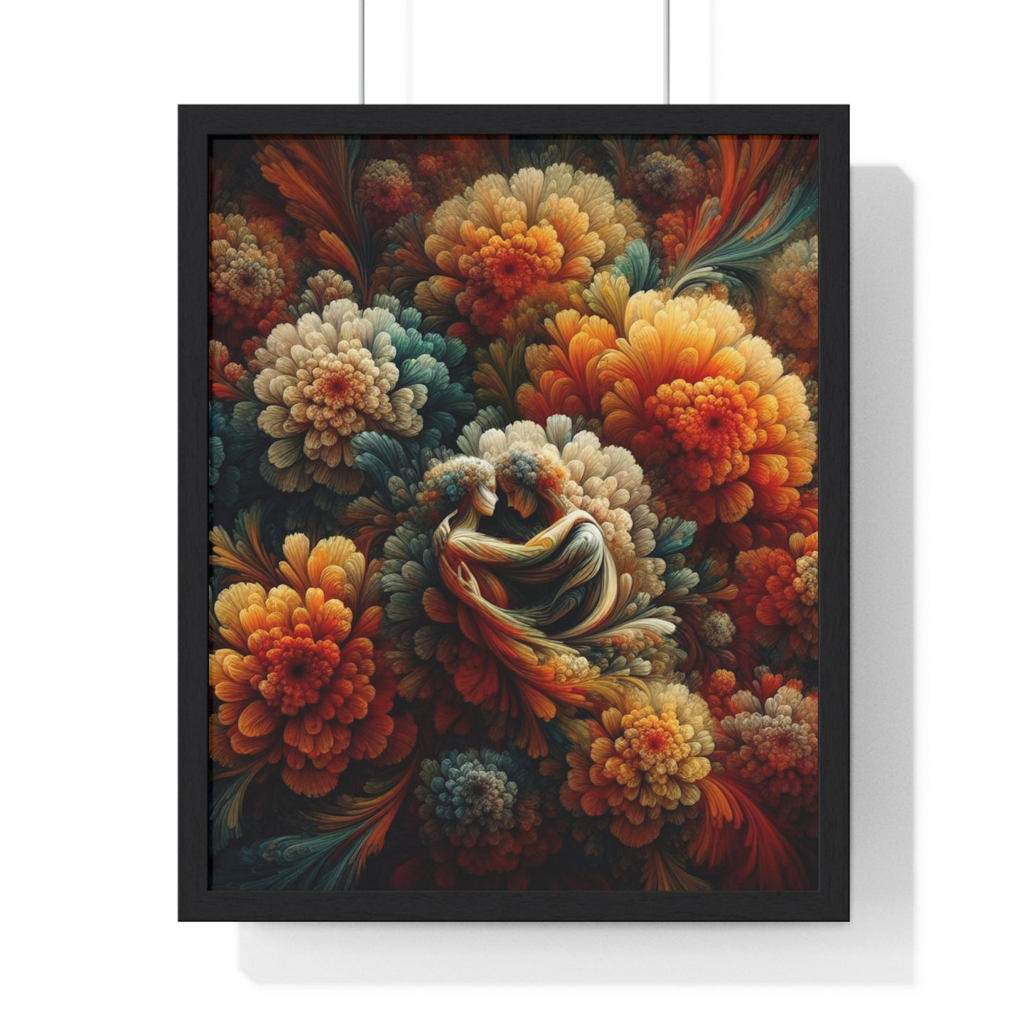 Lovers in Flowers Wood Framed Poster