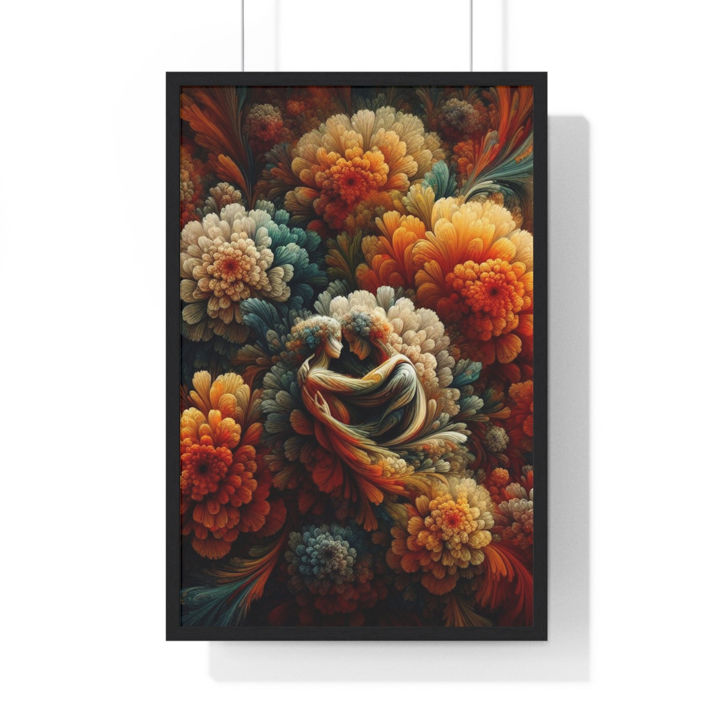 Lovers in Flowers Wood Framed Poster