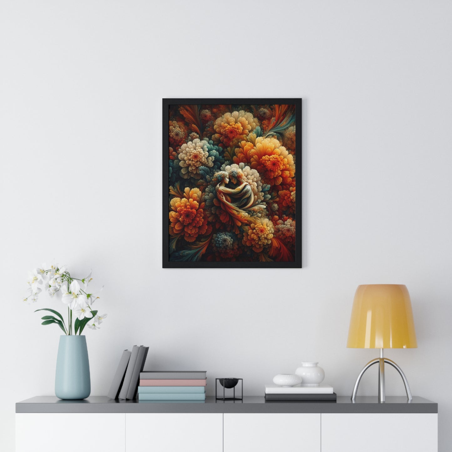 Lovers in Flowers Wood Framed Poster