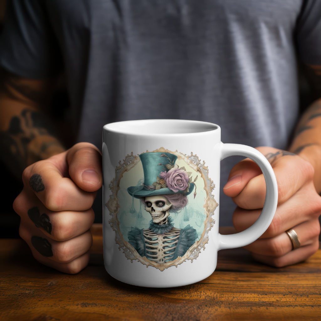 Spooky Halloween Skull in Vintage Mug